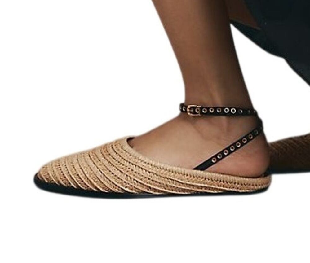 Anthropologie Woven Beige Moto Raffia Flats Size 6